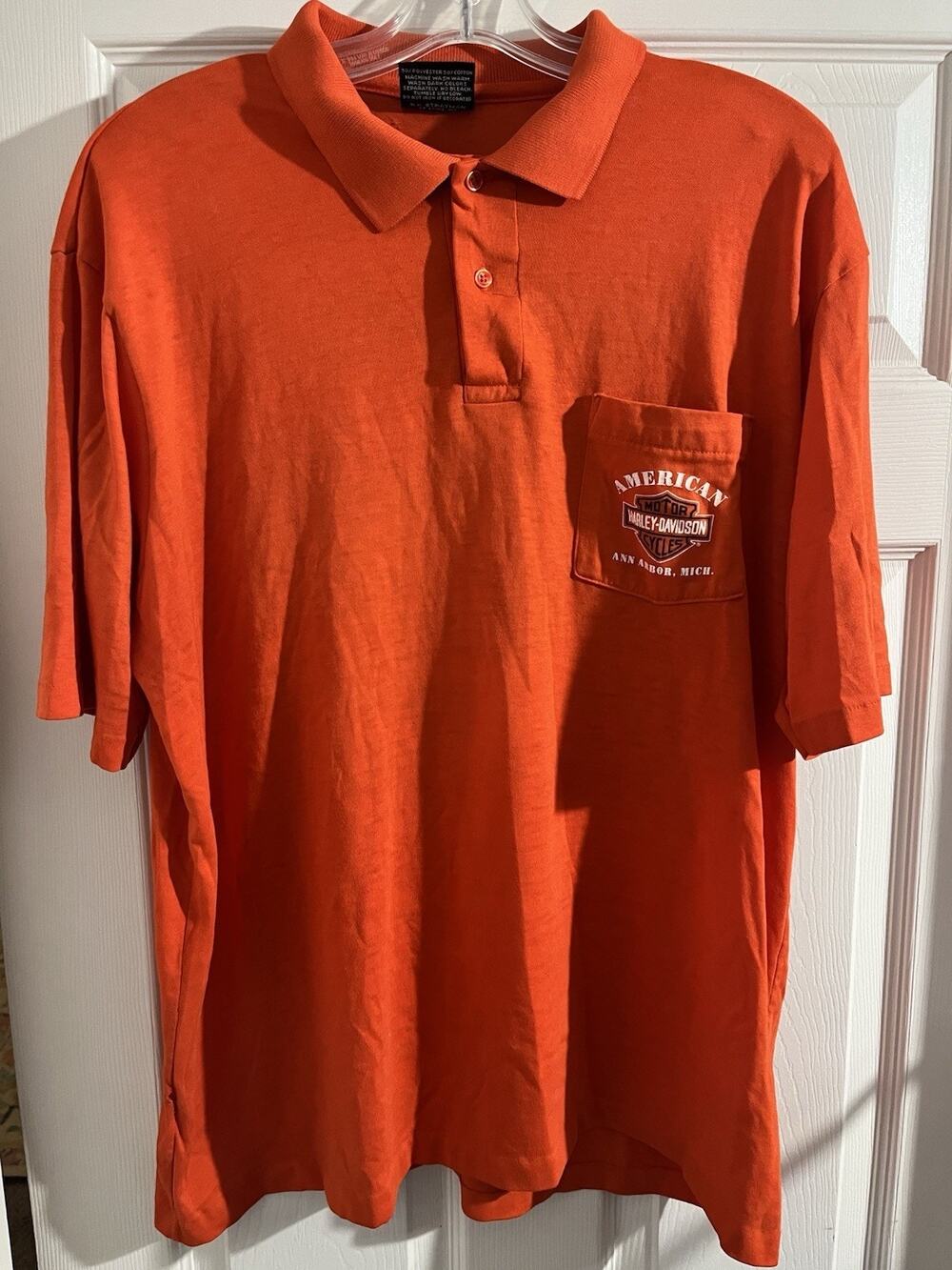 Vintage Harley Davidson American Ann Arbor Michigan Polo Orange 1990 Pocket